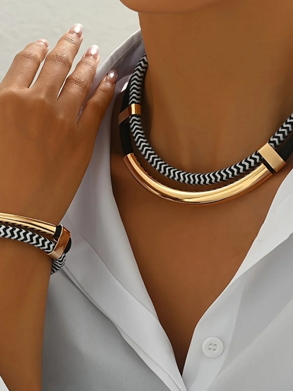 Gold-Tone Black & White Chevron Necklace and Bracelet Set